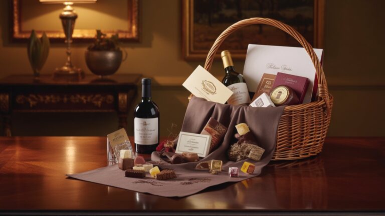 Plati, fotorealistinė išskirtinai organizuotos amatininkų daiktų kolekcijos - vokiškų šokoladų, sendinto vyno, individualių kanceliarinių prekių - scena elegantiškai iš atviro, prabangaus dovanų krepšio ant poliruoto raudonmedžio stalo, maudomas minkštu, šiltu šviesa.