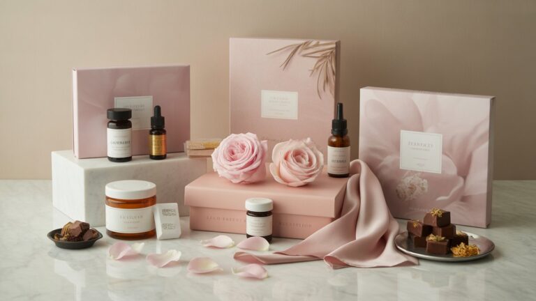Prabangūs SPA tematikos dovanų rinkiniai, išdėstyti ant marmurinio paviršiaus su rožių žiedlapiais, eteriniais aliejais, šilko šalikėliais ir amatininkų šokoladais, minkštu natūraliu apšvietimu, fotorealistine elegantiška kompozicija.