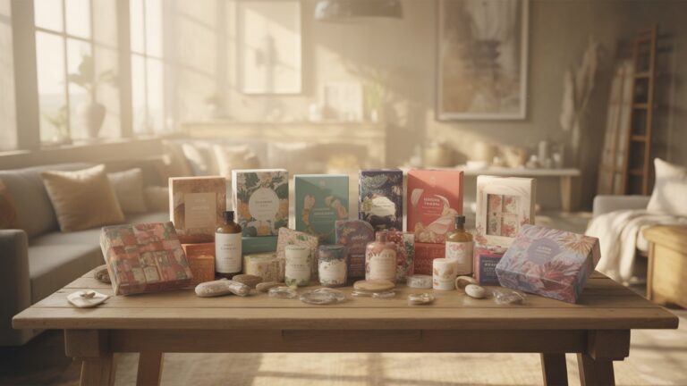 Ryški, įvairovė aukščiausios kokybės dovanų rinkinių kolekcija, kiekvienas unikaliai kuruojamas, dailiai rodomas per kaimišką medinį stalą saulėje apdegusioje, erdvoje erdvėje, hiperrealistinėje.