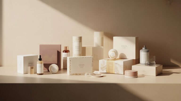 Platus, fotorealistinis gražiai kuruojamos, įvairios prabangių dovanų rinkinių kolekcija, meniškai išdėstyta ant minimalistinio paviršiaus, išsimaudyto šiltai, kviečiančioje šviesoje. Be pastangų elegancija.