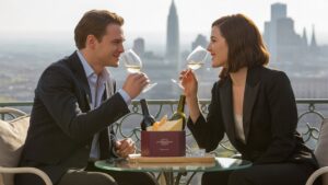 Stilinga pora, mėgaujanti gurmanišku sūriu ir vyno degustacijomis iš prabangių dovanų, esančių ant saulės apšviesto balkono, iš kurio atsiveria vaizdas į miesto vaizdą, kinematografinį, fotorealistinį.