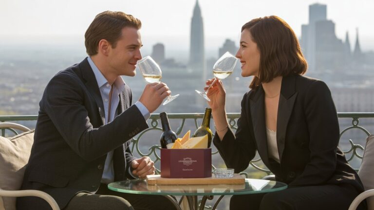 Stilinga pora, mėgaujanti gurmanišku sūriu ir vyno degustacijomis iš prabangių dovanų, esančių ant saulės apšviesto balkono, iš kurio atsiveria vaizdas į miesto vaizdą, kinematografinį, fotorealistinį.