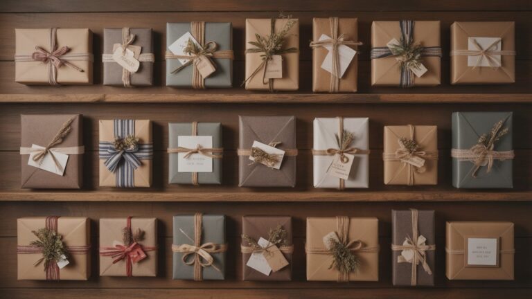 Viršutiniame daugybinių teminių dovanų kolekcijų vaizde, meniškai išdėstytos kaimiškose medinėse lentynose, kiekvienoje rinkinyje kuruojamas skirtingoms progoms, šiltas aplinkos apšvietimas, fotorealistinė kompozicija su turtingomis tekstūromis.