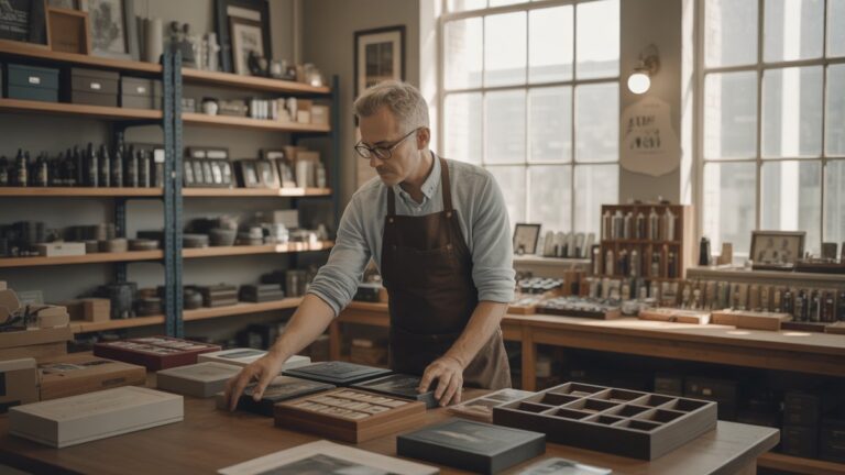 Sudėtingas vyrų dovanų kuravimo seminaras su amatininkais, pasirenkančiais aukščiausios kokybės daiktus iš organizuotų lentynų, natūralios dienos šviesos srautai per pramoninius langus, autentišką meistriškumo atmosferą, dokumentinio stiliaus realizmą.