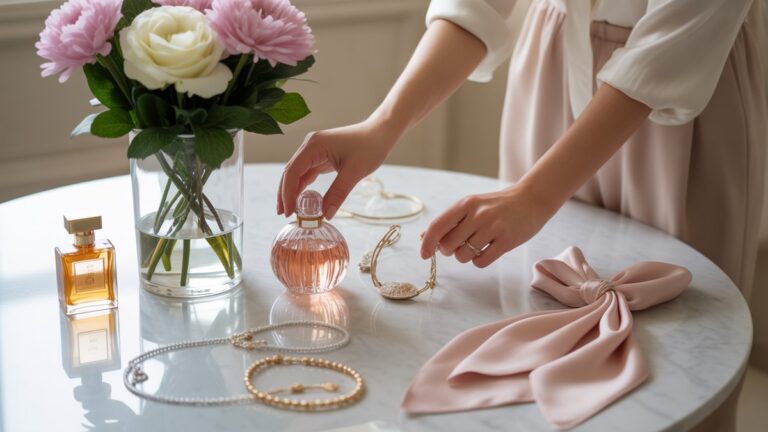 Elegantiškos moters rankos, pasirenkančios gražiai išdėstytą dovanų kolekciją, įskaitant papuošalus, gėles, kvepalų butelius ir šilko šalikus ant balto marmuro stalo, minkštą natūralų apšvietimą, fotorealistinį prabangų stilių.