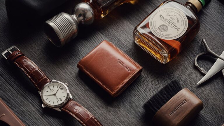 Sudėtingas vyrų gyvenimo būdo plokščias plotas su odine pinigine, senoviniais laikrodžiais, amatų viskio buteliu ir viliojimo rinkiniu, išdėstytu ant tamsaus medinio paviršiaus, dramatiško viršutinio apšvietimo, fotorealistinės prabangos estetikos.