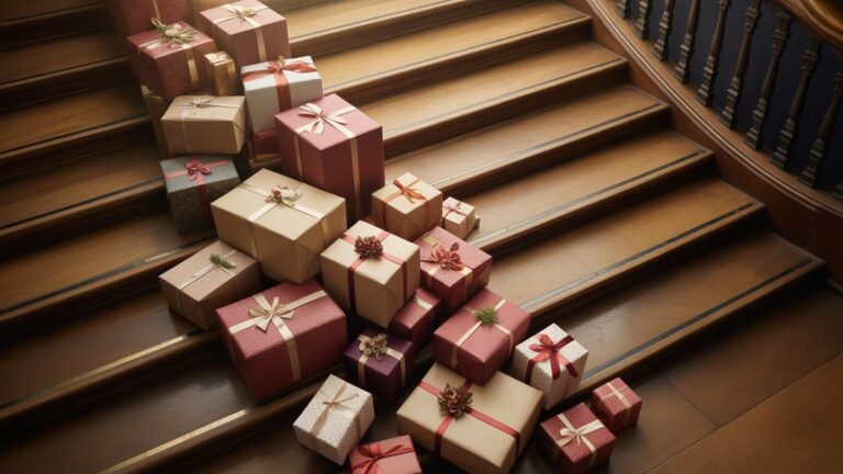 Įvairių dydžių gražiai apvyniotų dovanų dėžučių vaizdas, kaskaduodami elegantiškus medinius laiptus, šiltą auksinį valandą apšvietimus, sodrias brangakmenių tonizuotus juosteles, fotorealistinį gylį ir šešėlius.