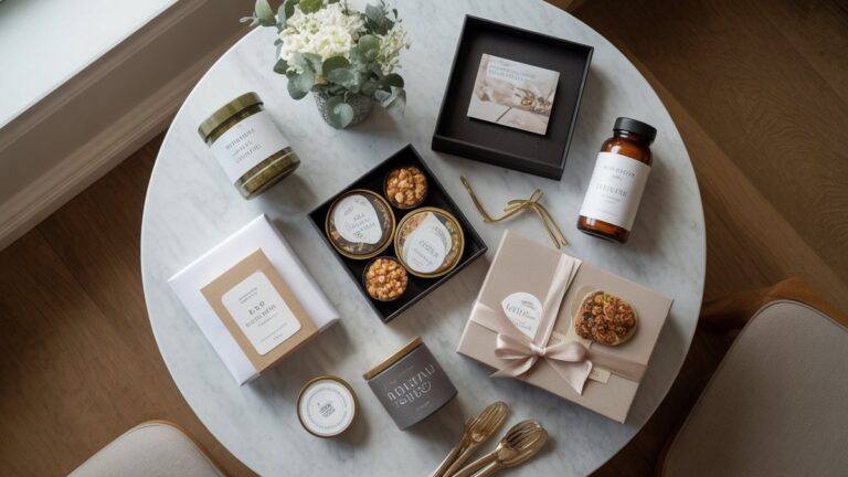 Ant marmurinio stalo dailiai išdėstytų dovanų rinkinių, su kuriais su kuruojamomis gurmaniškų maisto produktų, sveikatingumo daiktų ir amatininkų amatininkų kolekcijomis, viršutiniu vaizdu, minkštu natūraliu apšvietimu, fotorealistiniu stiliumi.