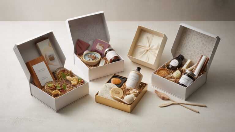 Platus, realus kelių atvirų, gražiai kuruojamų dovanų dėžučių kadras, kiekvienoje iš jų yra atskiros teminės kolekcijos: kulinariniai malonumai, sveikatingumo daiktai, kūrybiniai įrankiai. Elegantiškai išdėstytas ant šviesos, tekstūruoto paviršiaus su minkšta aplinkos šviesa.