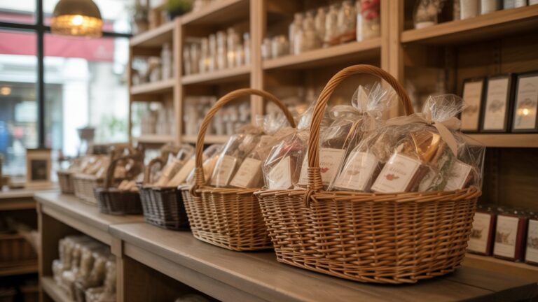 Elegantiški dovanų krepšeliai, perpildyti amatininkų daiktais, išdėstytais kaimiškomis medinėmis lentynomis parduotuvėje, šiltas aplinkos apšvietimas, seklus lauko gylis, fotorealistinė kompozicija.