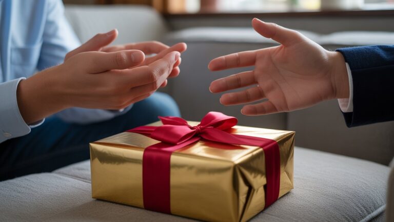 Iš arti, dvi rankos šalia gražiai apvyniotos dovanos, reiškiančios mainus ar neįvykdytą lūkestį. Minkštas, švelnus apšvietimas. Realistiška, išsami fotografija.