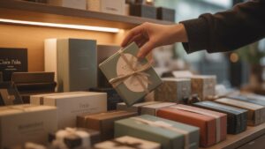 Realus rankos iš arti, atsargiai padedant išskirtinį, gražiai supakuotą dovanų daiktą į gerai pagamintą įvairių aukščiausios kokybės produktų ekraną moderniame, kviečiančiame butike, šiltoje aplinkos šviesoje.