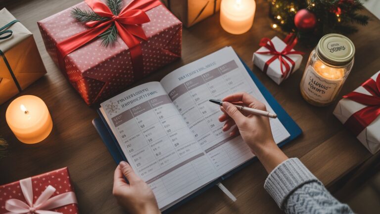 Realus viršutinis rankų šūvis kruopščiai tvarkant dovanų biudžeto planuotoją, apsuptą elegantiškai apvyniotų dovanų ir taupomojo stiklainio, jaukaus namų apšvietimo.