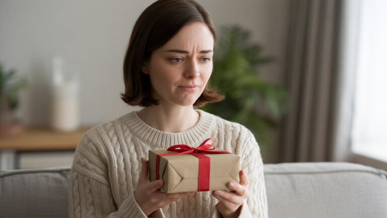 Realistiška nuotrauka: žmogus subtiliai užmaskuoja mandagų nusivylimą, laikant bendrą, nepageidaujamą dovaną. Minkšta, natūrali patalpų šviesa, niuansuota išraiška.