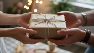 Realus elegantiškų rankų įvaizdis kruopščiai padovanoti ir gauti gražiai suvyniotą dovaną, šiltą šviesą, švelnų dėmesį, perteikiantį dėkingumą ir ryšį.