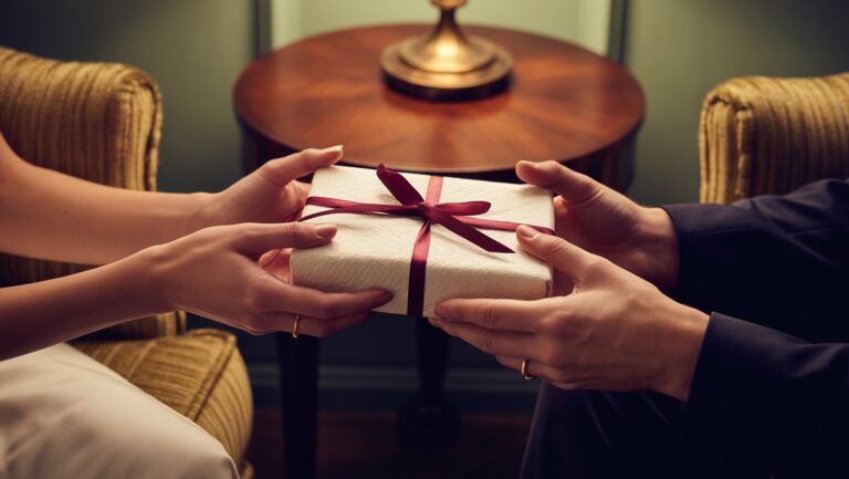 Elegantiškos rankos, kruopščiai apsikeitusios gražiai suvyniota dovana, šiltu, minkštu apšvietimu, rafinuotu nustatymu, tikroviška nuotrauka.