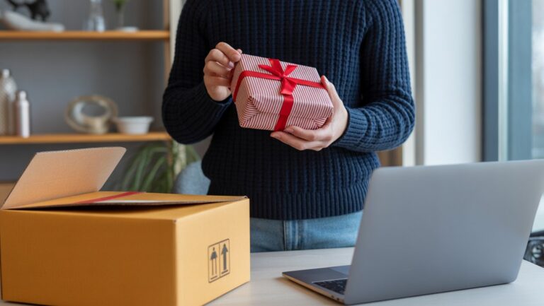 Mąstyantis asmuo, turintis neapdorotą dovaną, atsižvelgiant į jos grąžinimą, su atvira gabenimo dėžute ir nešiojamu kompiuteriu ant stalo. Realistiška nuotrauka.