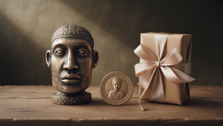 Realus natiurmortas: senovės genties artefaktas, viduramžių moneta ir gražiai suvyniota moderni dovana, meniškai išdėstyta, minkšta istorinė apšvietimas.