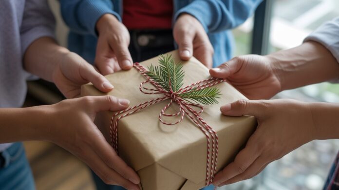 Realus, iš arti iš įvairių kultūrinių fonų, sąveikaujančių su gražiai suvyniota dovana, perteikia įvairias tradicijas. Minkšta, natūrali šviesa.