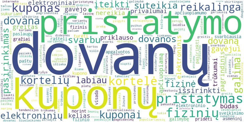 Word cloud for article on Dovanų kuponų ir kortelių pristatymas: elektroninės ir fizinės galimybės bei privalumai.
