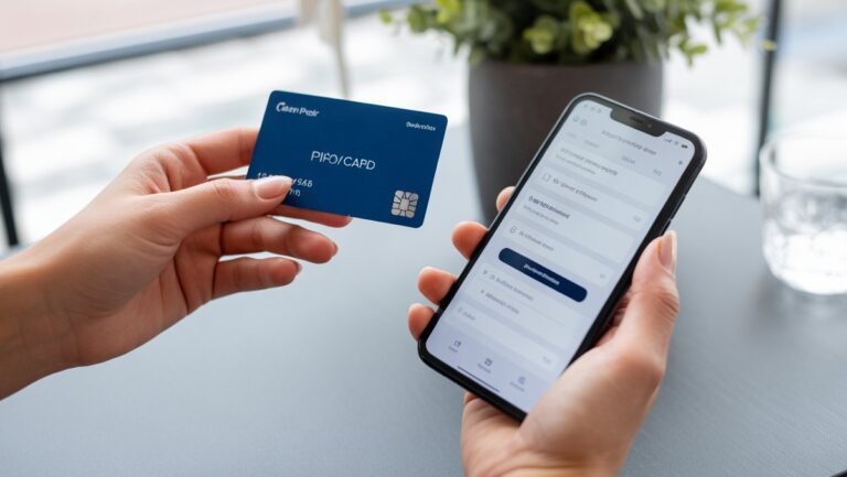 Realistiška, moderni nuotrauka, kurioje yra rankų, turinčių aptakią fizinę dovanų kortelę šalia išmaniojo telefono, vaizduojant skaitmeninį elektroninį vikšrą, ryškų, švarų estetiką.