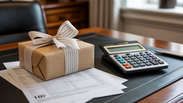 Gražiai suvyniotas dovanų paketas, ilsantis šalia skaičiuoklės ir oficialiai atrodančių mokesčių formų ant poliruoto stalo, tikroviškos fotografijos.