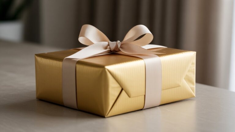 Realistiška, nesugadinta, gražiai suvyniota dovanų dėžutė su elegantišku juostele, pastatyta ant aptakaus, lengvo paviršiaus, paruošto išsiųsti, perteikia apgalvotą internetinį pristatymą.