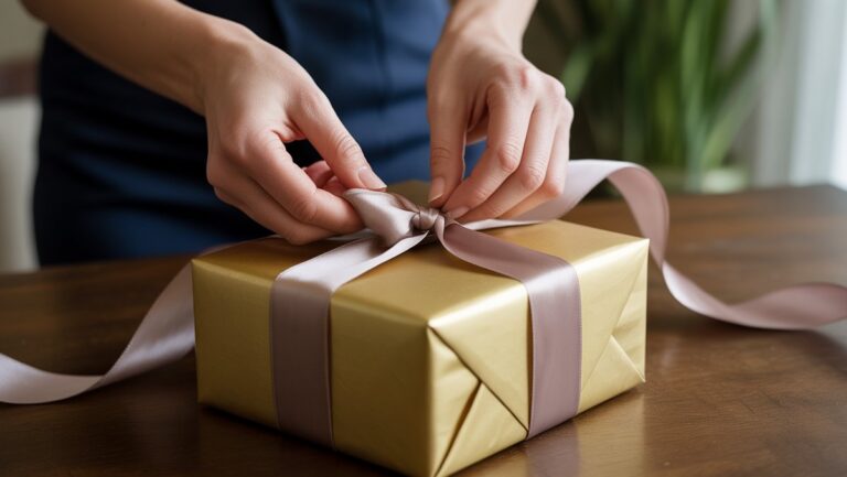 Hiperrealistinis kadras: elegantiškos rankos, kruopščiai surišusios gausų šilko juostelę ant puikiai apvyniotos, prabangios dovanų dėžutės, sukurdama vaizdinį malonumą ir numatymą, minkštą natūralią šviesą.