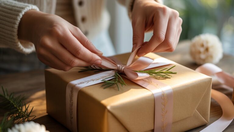 Realistiškas, iš arti esantis rankų kadras kruopščiai surišdamas prabangų juostelę ant gražiai suvyniotos dovanos, puoštos natūraliais akcentais, išsimaudytais minkšta, šilta šviesa.