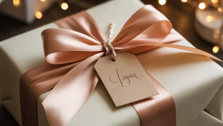 Realistiškas išskirtinai apvyniotos dovanos iš arti iš arti su prabangiu satino juostele ir rankomis pagaminta etiketė. Minkšta, šilta aplinkos šviesa pabrėžia jos grožį ir priežiūrą.