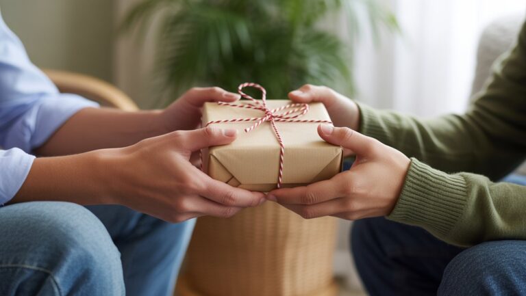 Realistiškas, iš arti esantis dviejų rankų kadras subtiliai apsikeitusią bendrą apvyniotą dovaną, reiškiančią ramią, nepatogią socialinę akimirką, natūralią šviesą.