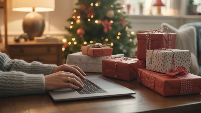 Realus vaizdas: žmogaus rankos, rašančios ant nešiojamojo kompiuterio, apsuptas kelių gražiai suvyniotų dovanų dėžučių, šilta aplinkos šviesa, jaukus namų interjeras.