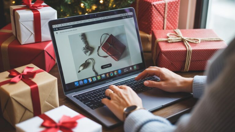 Realistiška žmogaus rankų nuotrauka ant nešiojamojo kompiuterio, naršant internete dovanų, apsuptas elegantiškai apvyniotų dovanų ir subtilių saugių skaitmeninių elementų.