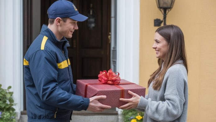 Profesionalus kurjeris vienodose rankose gražiai suvyniota dovanų dėžutė besišypsančiam gavėjui ant saulės apšviestos Lietuvos slenksčio. Realistiškas, ryškus.