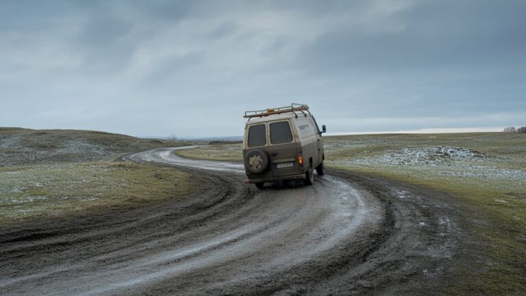 Realistiška pristatymo furgono nuotrauka, naršanti sudėtingą, purviną neasfaltuotą kelią per didžiulį, izoliuotą Lietuvos žiemos peizažą, po niūrus pilkojo dangaus.