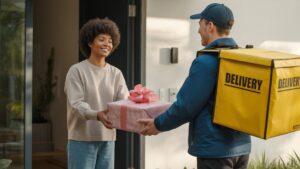 Realistiška nuotrauka, kurioje besišypsantis žmogus, gavęs gražiai suvyniotą dovanų dėžutę iš pristatymo kurjerio prie modernaus namo įėjimo, minkštos saulės šviesos.