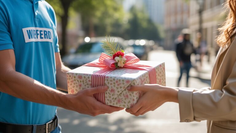 Rankos iš arti, švelniai paėmusi gražiai suvyniotą dovaną iš pristatymo žmogaus rankos šviesiai savaitgalio rytą. Realistiška nuotrauka.