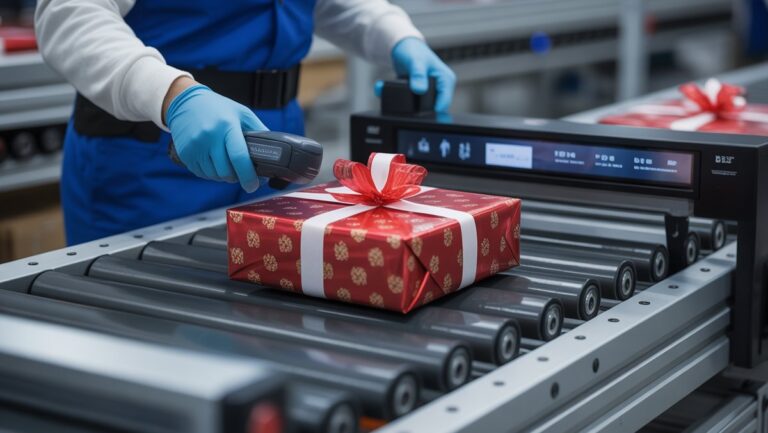 Realus logistikos profesionalo iš arti, kruopščiai nuskaitydamas ir pritvirtindamas gražiai suvyniotą dovanų paketą ant aukštųjų technologijų konvejerio, perteikiant efektyvumą ir priežiūrą.