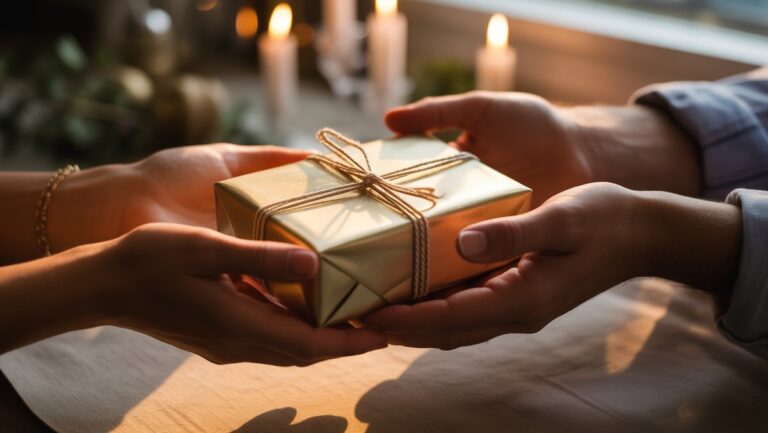 Iš arti, tikroviška rankų nuotrauka, kurioje švelniai siūloma gražiai suvyniota dovana, išsimaudoma šilta, apgalvota šviesa, perteikianti gilią prasmę ir žmogaus ryšį.