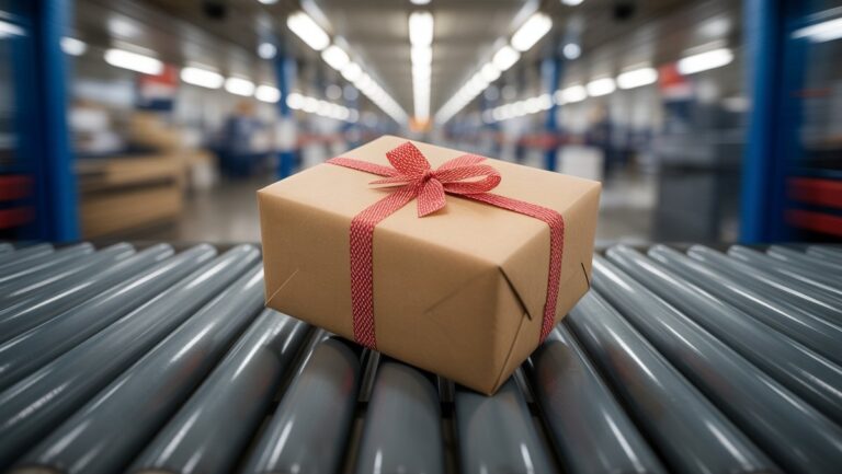 Realistiškas dovanų paketo vaizdas šiek tiek sustingsta ant pašto konvejerio juostos, apgaubtas minkštu, apsauginiu spindesiu. Konvejerio juostos judesio neryškumas.