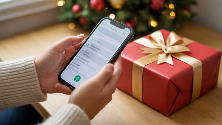 Realus rankų, stebint dovanų pristatymą išmaniajame telefone, kadras, šventinė, suvyniota dovanų dėžutė, švelniai neryški, perteikianti jaudulį ir realiojo laiko ryšį.