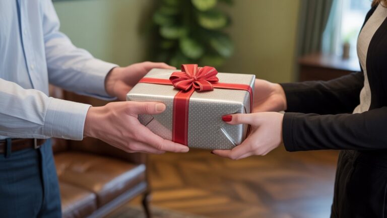 Realus asmens įvaizdis, nenoriai perduodantis nepriekaištingai suvyniotą, bet beasmenę dovaną kitam, formalioje, šiek tiek nepatogioje profesinėje aplinkoje.