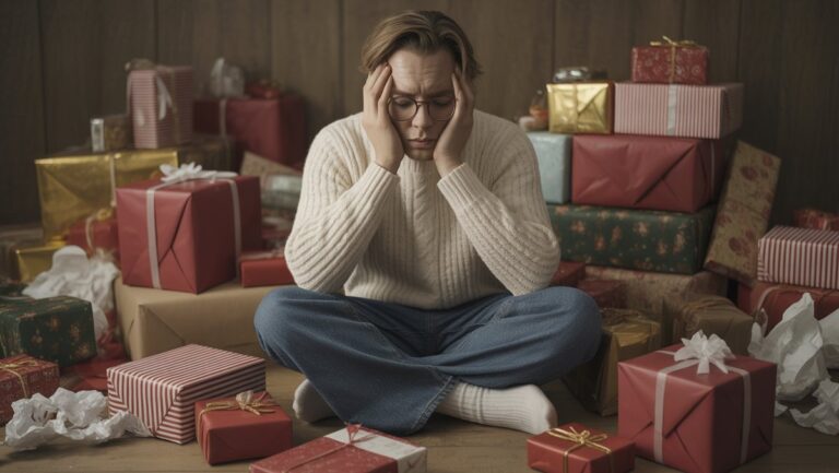 Realus asmens, žiūrinčio į nerimą, vaizdavimas, sėdintis išsklaidytos neišspręstų dovanų ir sutraiškyto vyniojamojo popieriaus kolekcijoje, perteikdamas didžiulį dovanų teikimo stresą.