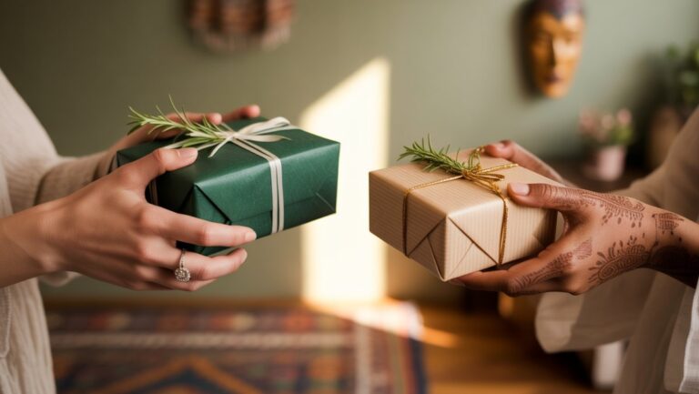 Realistiška scena: Įvairios rankos, keičiančios elegantiškai suvyniotas dovanas, šiltą, kviečiančią atmosferą, subtilias globalių kultūrų užuominas, švelnus dėmesys.