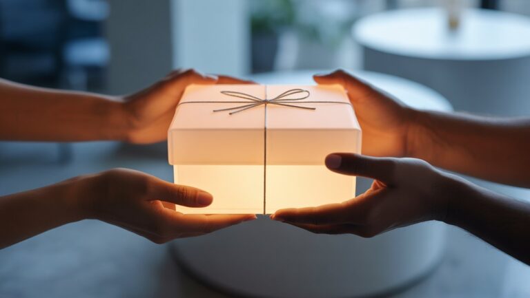 Realistiškas iš arti: įvairios rankos švelniai laikančios aptakią, minimalistinę dovanų dėžę, subtiliai švytinčią, pritaikytą prie minkšto fokuso modernaus fono, perteikdamas apgalvotas ateities tendencijas.