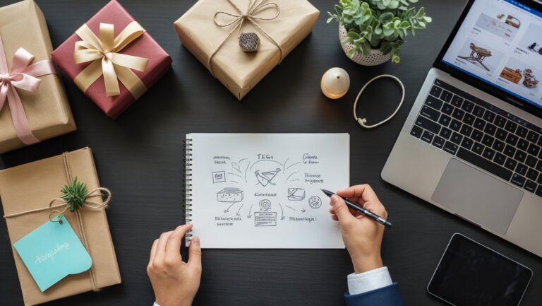 Realus pridėtinis modernaus stalo kadras su gražiai išdėstytomis dovanomis, ranka eskizuojama verslo idėja ir nešiojamojo kompiuterio, kuriame pavaizduota elektroninės komercijos platforma.