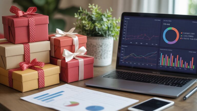 Realus natiurmortas tvarkingai išdėstytas dovanų dėžutes šalia nešiojamojo kompiuterio, kuriame pavaizduotos gyvybingos pardavimo analizės diagramos, sukeldami duomenis pagrįstą dovanų verslo optimizavimą.