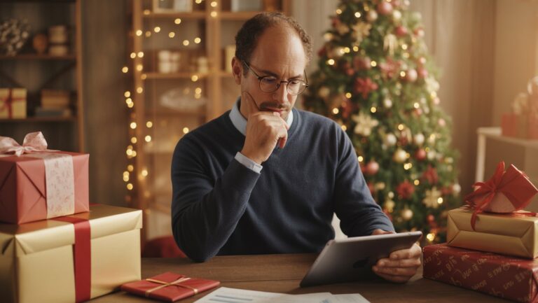 Realistiškas kadras: apgalvotas verslininkas peržiūri finansinius duomenis planšetiniame kompiuteryje, apsuptas gražiai suvyniotų dovanų dėžučių, išsimaudytų šiltoje, optimistinėje šviesoje.