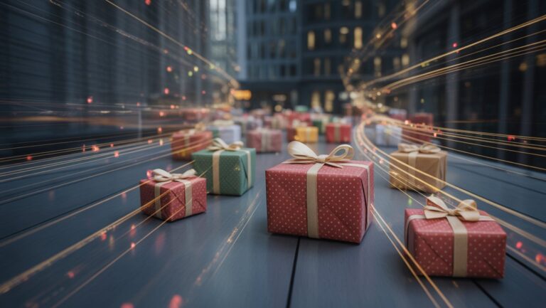 Realus, dinamiškas kadras: gražiai suvyniotos dovanos greitai juda skaitmeniniu keliu, o žėrintys duomenų srautai atspindi automatizuotą efektyvumą ir greitį.