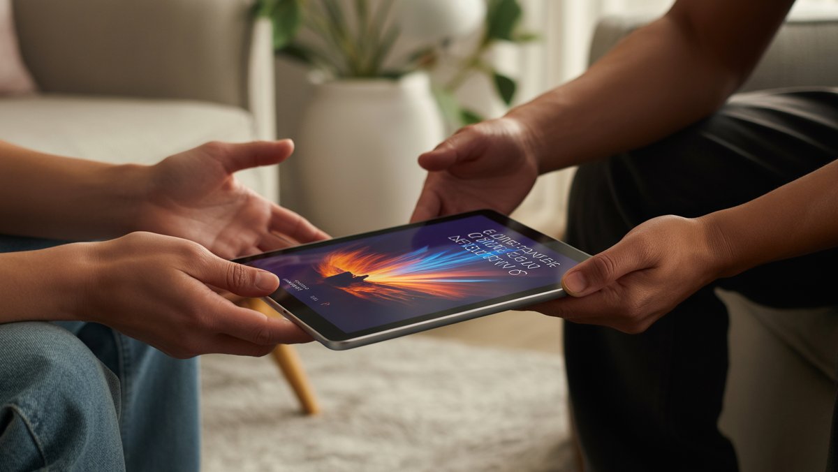 Iš arti realios dviejų rankų nuotrauka, viena siūlanti žėrinčią planšetinį kompiuterį, kuriame pavaizduotas ryškus skaitmeninės knygos viršelis, minkštoje, šiuolaikiškoje namų aplinkoje.